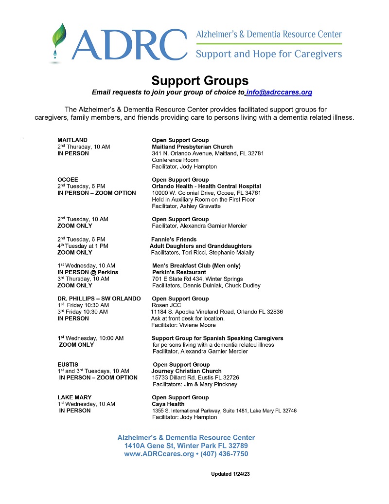 Alzheimer's & Dementia Support Groups (In Person - ZOOM Option)