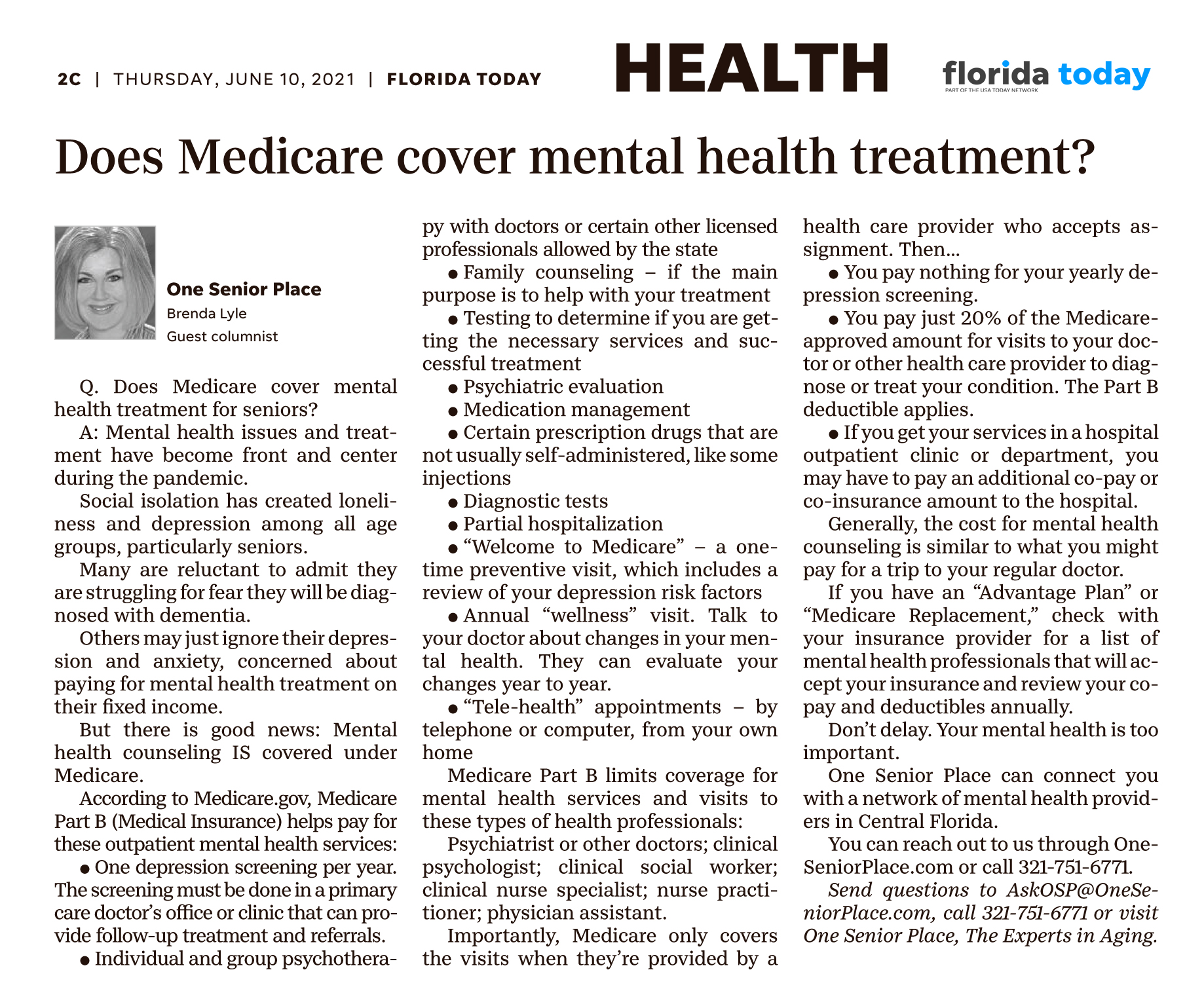 Ask One Senior Place Does Medicare cover mental health treatment for
